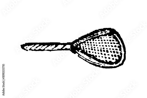 A simple early racket or battledore with solid hitting surface for playing with a shuttlecock, showing precursor to modern badminton equipment, old vintage illustration, 1897