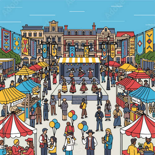 A vibrant festival illustration depicting stalls, performers, and crowds in a town square