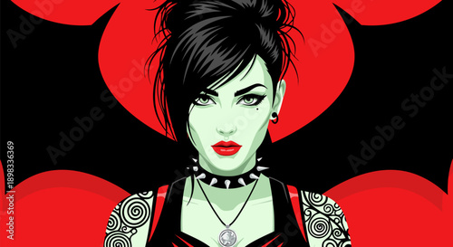 Edgy gothic woman vector illustration with bat wings background; a dark, stylized portrait capturing alternative fashion and vibrant personality in graphic artwork
