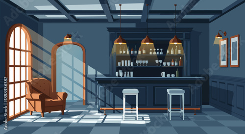 Detailed vector illustration of a dimly lit bar interior, showcasing a cozy armchair bathed in warm sunlight through an arched window, creating an inviting and tranquil atmosphere for digital design
