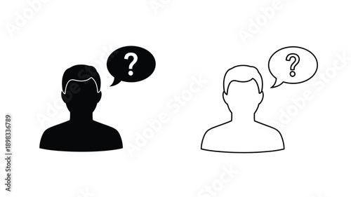 Two heads with question marks contrasting styles black and white silhouette