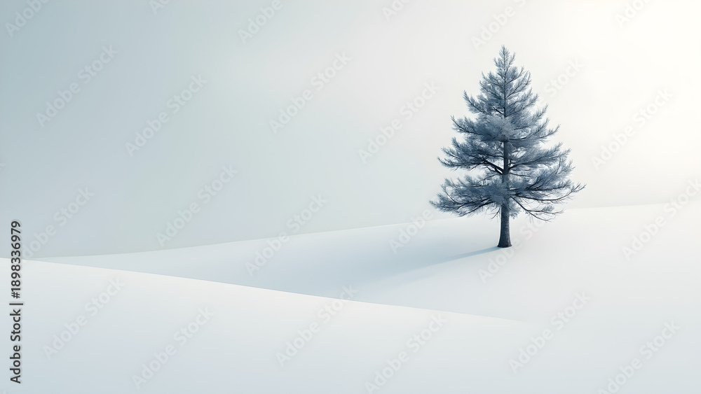 Fototapeta premium minimalist pine tree art. snowy hill landscape. ultra realistic nature photography. serene winter scenery.