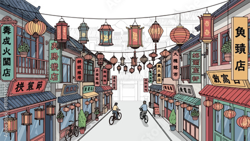 A vibrant illustration depicts a traditional East Asian street scene with lanterns and bikes