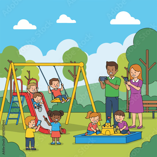 A vibrant illustration depicts children playing at a park with swings and sandbox