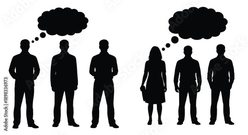 Four people with thought bubbles above their heads silhouette