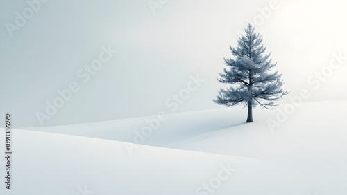 minimalist pine tree art. snowy hill landscape. ultra realistic nature photography. serene winter scenery.