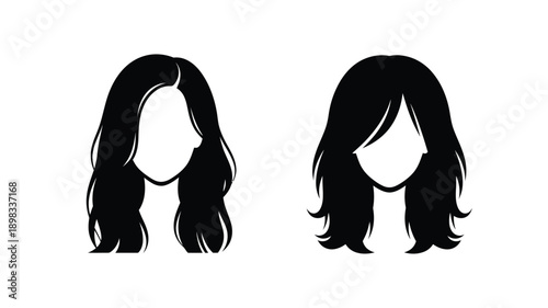 Two female hairstyles depicted as striking black silhouettes