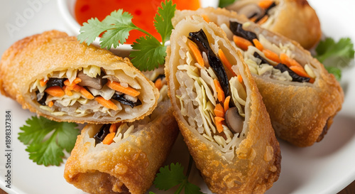 Crispy spring rolls filled with vegetables and served on a plate with a dipping sauce close-up shot