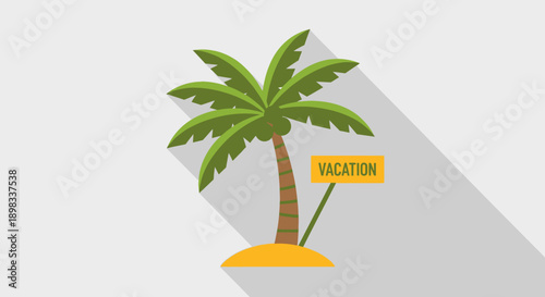 Flat design palm tree with vacation sign on sandy island, travel concept
