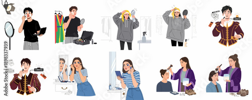 Vector illustration set showing actors and people preparing in the dressing room, applying stage and regular makeup, and dealing with costume and performance preparation.