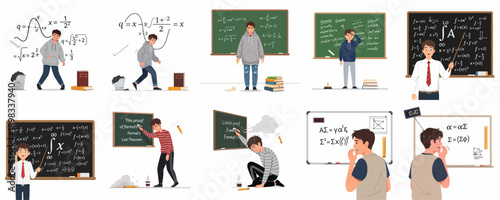 Academic Stress and Math Problems: Vector illustration set showing students and a teacher struggling with complex equations, exams, and educational pressure.