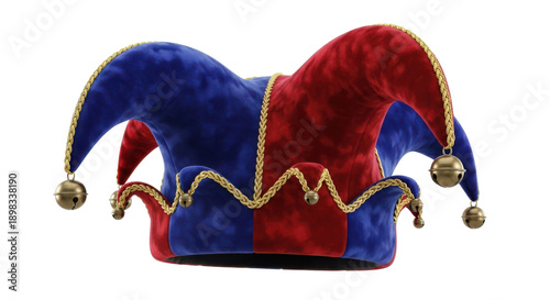 Red and Blue Velvet Jester Hat with Gold Bells Product Shot isolated PNG with Transparent Background