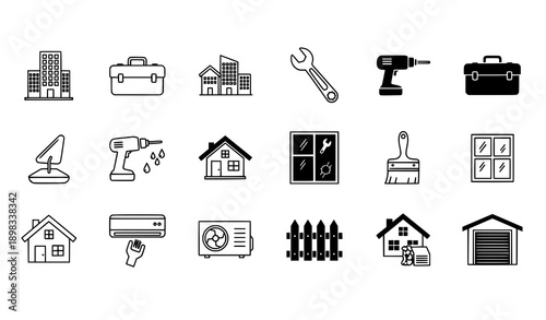 Monochrome Construction and Property Maintenance Logo Icon Set Clean Black White Vector