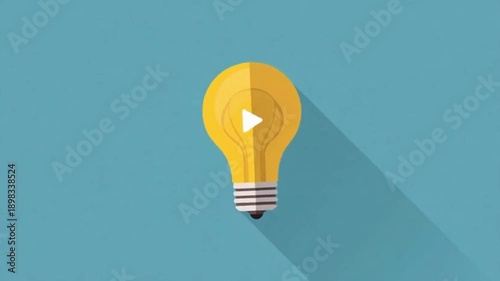 A bright yellow light bulb with a play button icon on a blue background, symbolizing ideas and creativity.
