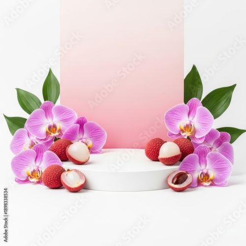 Pink orchid flowers, lychee fruits, and green leaves on white podium and pink background, for product mockup or advertisement