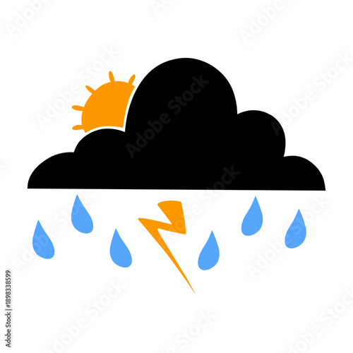 Thundery rainy weather. Sunny storm cloud with rain and lightning, weather icon.
