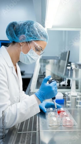 Laboratory technician conducts experiments in microbiology. She analyzes samples using pipette in modern lab. Vertical setting showcases precision and professionalism.