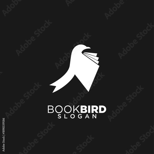 Bookbird creative logo design combining a bird and an open book, symbolizing knowledge, education, and learning.