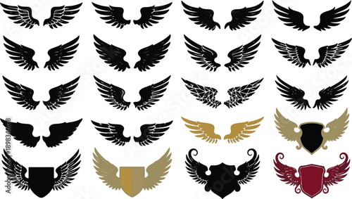 Heraldic Wing Silhouettes and Shield Crest Emblem Collection