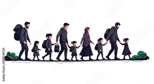 Refugee family with children walking a long journey