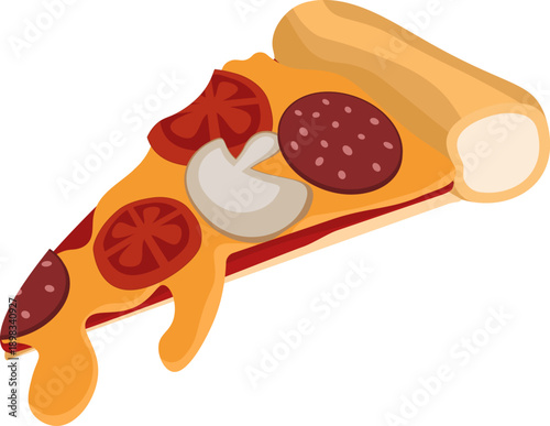 Vibrant, flat vector illustration of a single slice of supreme pizza with melting cheese, pepperoni slices, mushrooms, and tomatoes on a thick, golden brown cheesy crust.