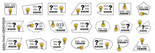Did you know speech bubbles collection in outline style. Informational labels with light bulb icons
