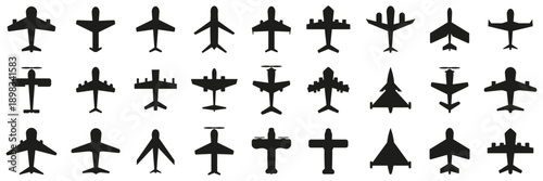 Airplane silhouettes top view collection in black. Different aircraft types and wing shapes