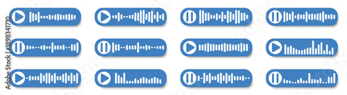 Audio player waveform buttons collection in blue. Play and pause controls with sound waves
