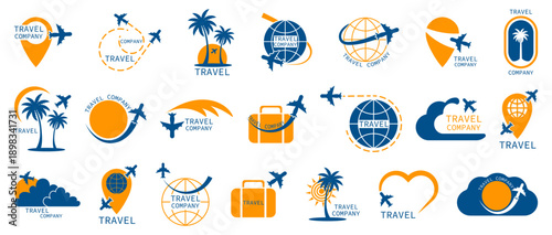 Travel company logo templates collection in blue and orange. Airplane, globe and location pin symbols