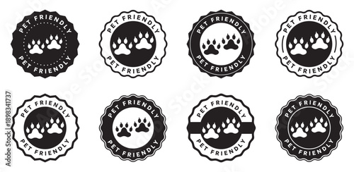 Pet friendly badge and label collection in black and white. Paw print emblems for animal allowed places