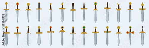 Medieval sword illustrations collection in color. Fantasy and historical blades with different hilts and guards