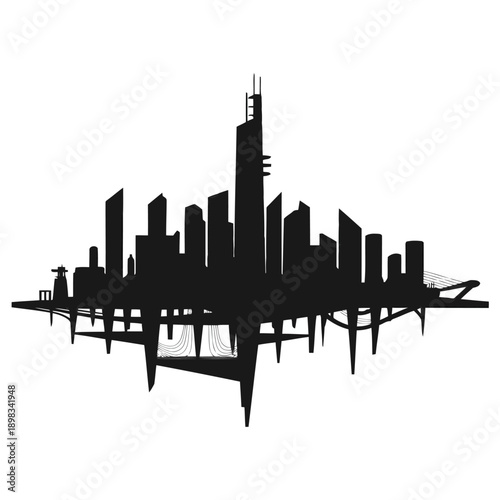 Silhouette of a modern cityscape with towering skyscrapers against a plain background