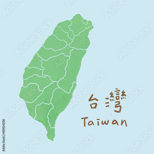 Cute hand-drawn colored pencil illustration of Taiwan map and Asian travel.