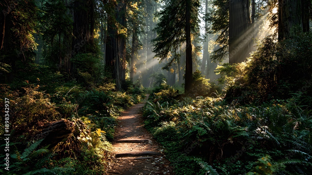 Obraz premium Serene dirt path winding through a dense ancient forest with majestic tall trees and golden sunlight streaming through leaves revealing god rays.