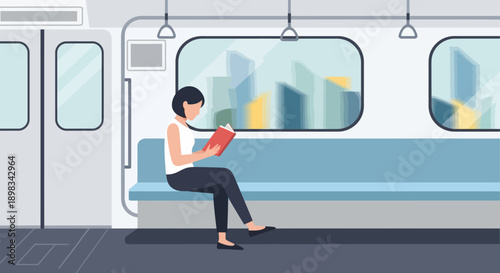 Woman Reading Book on Train Seat.