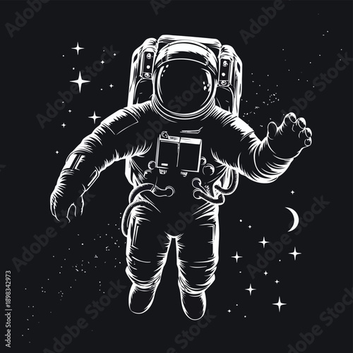Astronaut floating in the starry cosmic void with outstretched arms