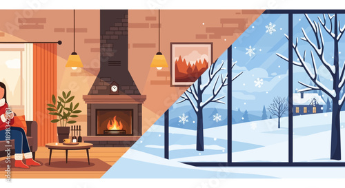 Woman Relaxing by Fireplace on Cold Winter Day.