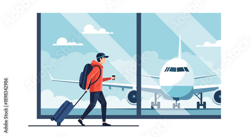 Man with Luggage Walking Towards Airplane.