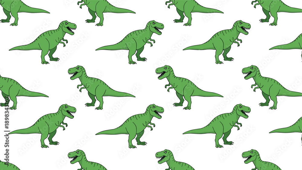Fototapeta premium Seamless pattern featuring a group of green cartoon tyrannosaurus rex dinosaurs in various walking and standing poses.