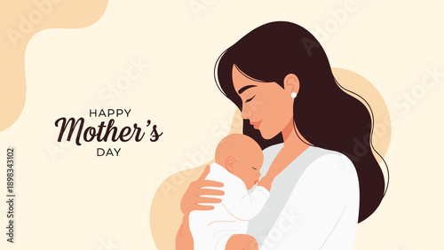Heartwarming illustration for Mother's Day showing a young woman tenderly holding her sleeping newborn baby against her chest.
