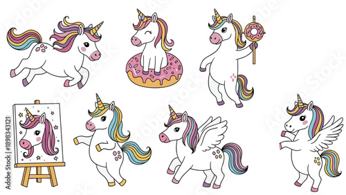 Set of magical unicorn character illustrations in different poses including running, flying, painting, and interacting with a donut.