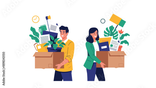 Professional man and woman carrying cardboard boxes filled with office supplies and plants during a job relocation.