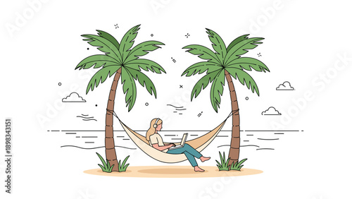 Young woman relaxing in a hammock between two palm trees on a tropical beach while working remotely on her laptop.