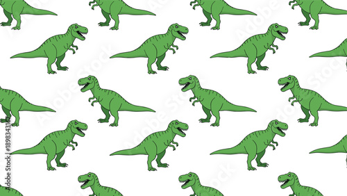 Seamless pattern featuring a group of green cartoon tyrannosaurus rex dinosaurs in various walking and standing poses.