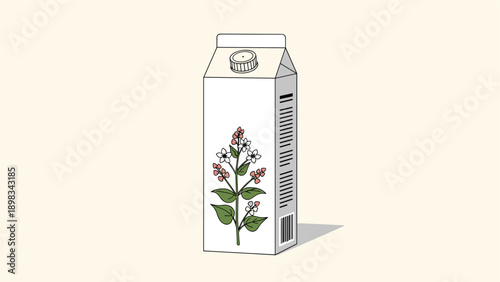 White drink carton with a botanical illustration of pink and white flowers for healthy juice or organic milk products.
