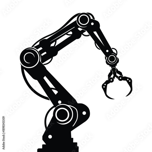 Industrial robotic arm with claw gripper in monochrome silhouette design