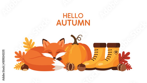 Cozy autumn scene with a sleeping red fox, a large pumpkin, yellow boots, and falling leaves with chestnuts around.