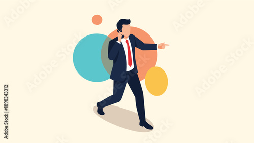 Professional businessman in a navy suit talking on his mobile phone and pointing his finger forward against circles.