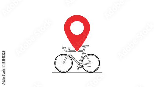 Clean line drawing of a road bicycle with a large red location map pin icon placed over the center of its frame.