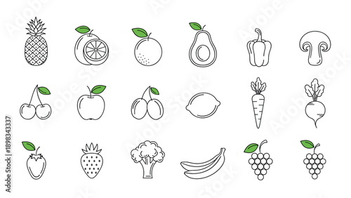 Large collection of simple line art icons representing various healthy fruits and vegetables for food apps or design.